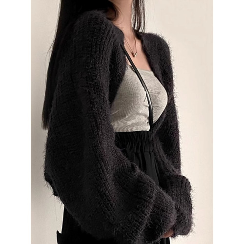 法式小香風黑色水貂絨毛衣披肩外套女春秋寬松針織開衫外搭小坎肩 法式小香風黑色水貂絨毛衣披肩外套女春秋寬松針織開衫外搭小坎肩