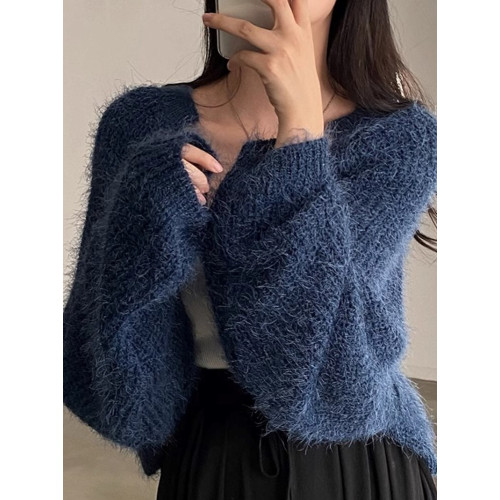 法式小香風黑色水貂絨毛衣披肩外套女春秋寬松針織開衫外搭小坎肩 法式小香風黑色水貂絨毛衣披肩外套女春秋寬松針織開衫外搭小坎肩