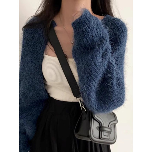 法式小香風黑色水貂絨毛衣披肩外套女春秋寬松針織開衫外搭小坎肩 法式小香風黑色水貂絨毛衣披肩外套女春秋寬松針織開衫外搭小坎肩