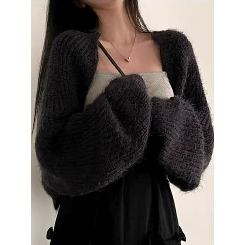 法式小香風黑色水貂絨毛衣披肩外套女春秋寬松針織開衫外搭小坎肩 法式小香風黑色水貂絨毛衣披肩外套女春秋寬松針織開衫外搭小坎肩