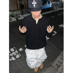 富士見 美式小V領針織毛衣男寬松秋冬慵懶風純色百搭上衣外套潮流