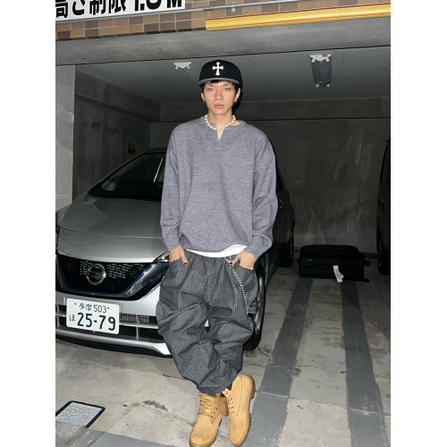 富士見 美式小V領針織毛衣男寬松秋冬慵懶風純色百搭上衣外套潮流