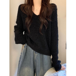 慵懶風V領針織毛衣女春秋季外穿寬松顯瘦套頭百搭長袖上衣小個子