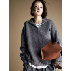 慵懶風秋冬半拉鍊毛衣女士百搭翻領寬松外穿大碼羊毛針織衫上衣厚