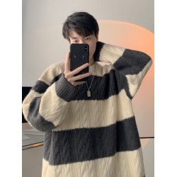 港風冬季圓領毛衣男寬松慵懶風潮流加厚拼色麻花潮牌針織衫男外套