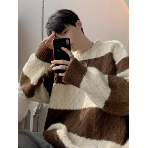 港風冬季圓領毛衣男寬松慵懶風潮流加厚拼色麻花潮牌針織衫男外套