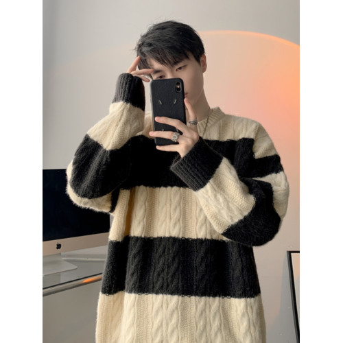 港風冬季圓領毛衣男寬松慵懶風潮流加厚拼色麻花潮牌針織衫男外套