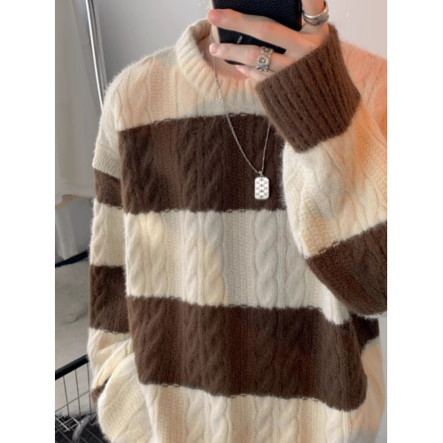 港風冬季圓領毛衣男寬松慵懶風潮流加厚拼色麻花潮牌針織衫男外套