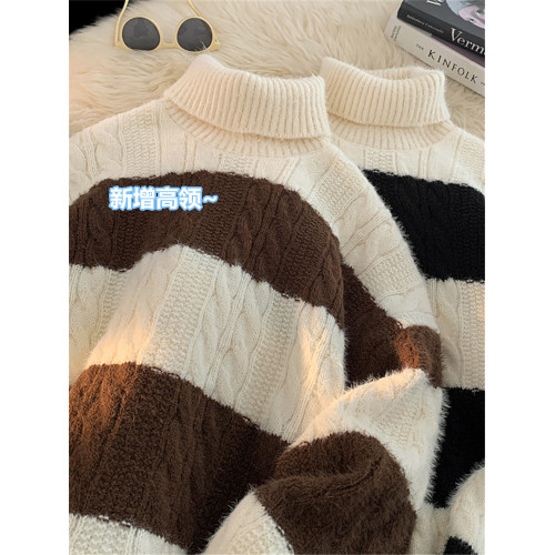 港風冬季圓領毛衣男寬松慵懶風潮流加厚拼色麻花潮牌針織衫男外套