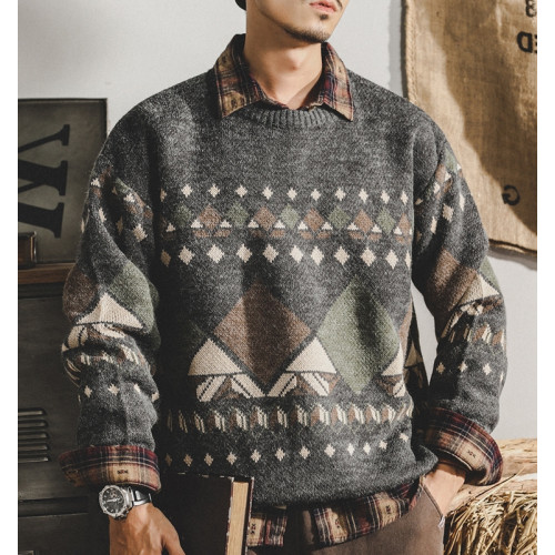 美式經典傳統復古毛衣男秋冬潮牌寬松休閒秋季民族風針織衫外套男