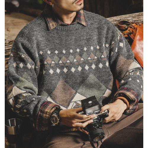 美式經典傳統復古毛衣男秋冬潮牌寬松休閒秋季民族風針織衫外套男