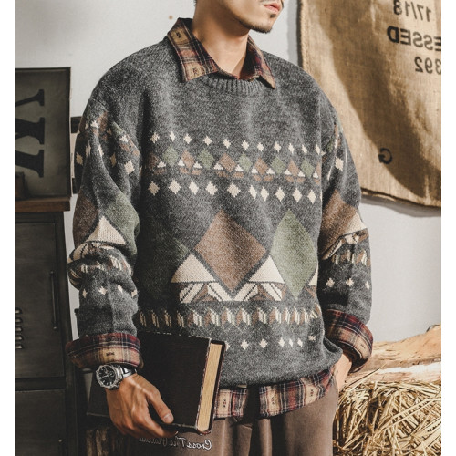 美式經典傳統復古毛衣男秋冬潮牌寬松休閒秋季民族風針織衫外套男