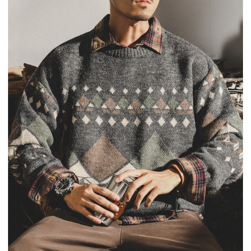 美式經典傳統復古毛衣男秋冬潮牌寬松休閒秋季民族風針織衫外套男