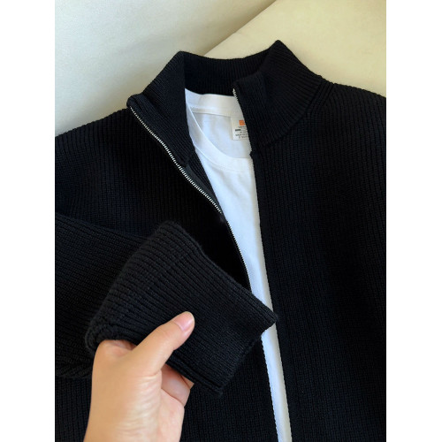 黑色雙拉鍊針織外套男秋冬高級感慵懶風毛衣cleanfit美式立領夾克