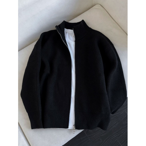 黑色雙拉鍊針織外套男秋冬高級感慵懶風毛衣cleanfit美式立領夾克