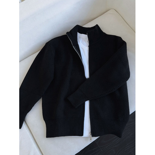 黑色雙拉鍊針織外套男秋冬高級感慵懶風毛衣cleanfit美式立領夾克