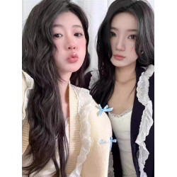 蝴蝶結蕾絲花邊v領毛衣外套女春季慵懶寬松針織開衫復古長袖上衣