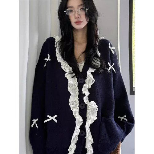 蝴蝶結蕾絲花邊v領毛衣外套女春季慵懶寬松針織開衫復古長袖上衣 蝴蝶結蕾絲花邊v領毛衣外套女春季慵懶寬松針織開衫復古長袖上衣