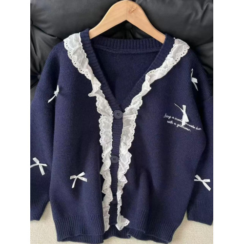 蝴蝶結蕾絲花邊v領毛衣外套女春季慵懶寬松針織開衫復古長袖上衣 蝴蝶結蕾絲花邊v領毛衣外套女春季慵懶寬松針織開衫復古長袖上衣