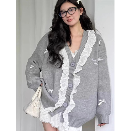 蝴蝶結蕾絲花邊v領毛衣外套女春季慵懶寬松針織開衫復古長袖上衣 蝴蝶結蕾絲花邊v領毛衣外套女春季慵懶寬松針織開衫復古長袖上衣