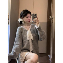 灰色設計感蕾絲拼接蝴蝶結長袖毛衣針織衫女秋季休閒寬松氣質上衣