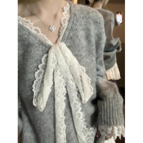 灰色設計感蕾絲拼接蝴蝶結長袖毛衣針織衫女秋季休閒寬松氣質上衣 灰色設計感蕾絲拼接蝴蝶結長袖毛衣針織衫女秋季休閒寬松氣質上衣