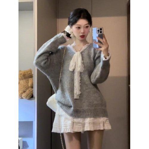灰色設計感蕾絲拼接蝴蝶結長袖毛衣針織衫女秋季休閒寬松氣質上衣 灰色設計感蕾絲拼接蝴蝶結長袖毛衣針織衫女秋季休閒寬松氣質上衣