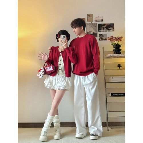 氛圍感情侶裝毛衣秋冬本命跨年紅色訂婚假兩件針織衫一長一短上衣