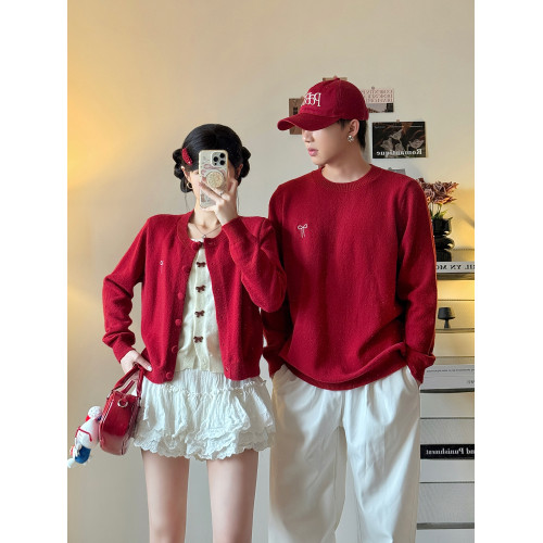 氛圍感情侶裝毛衣秋冬本命跨年紅色訂婚假兩件針織衫一長一短上衣