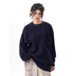 BWKA黑色圓領毛衣女男秋冬季寬松基礎百搭線衣休閒純色內搭針織衫