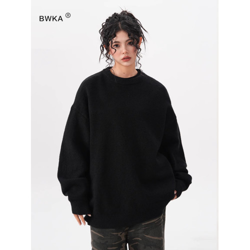BWKA黑色圓領毛衣女男秋冬季寬松基礎百搭線衣休閒純色內搭針織衫
