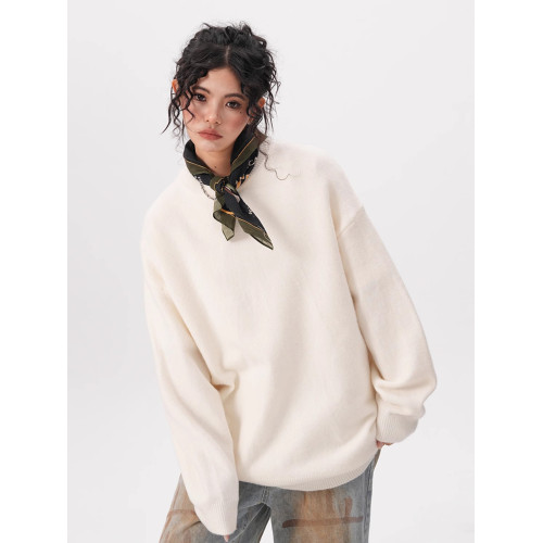 BWKA黑色圓領毛衣女男秋冬季寬松基礎百搭線衣休閒純色內搭針織衫