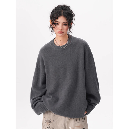 BWKA黑色圓領毛衣女男秋冬季寬松基礎百搭線衣休閒純色內搭針織衫