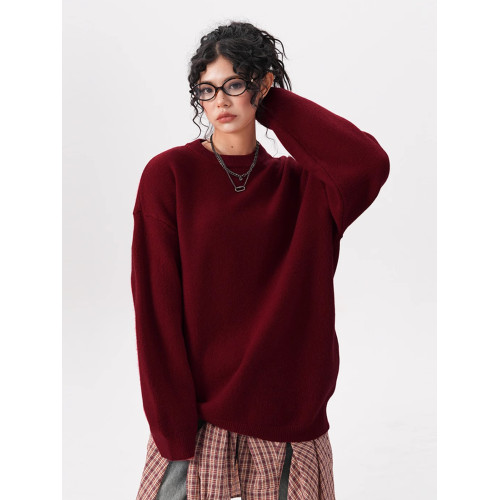 BWKA黑色圓領毛衣女男秋冬季寬松基礎百搭線衣休閒純色內搭針織衫