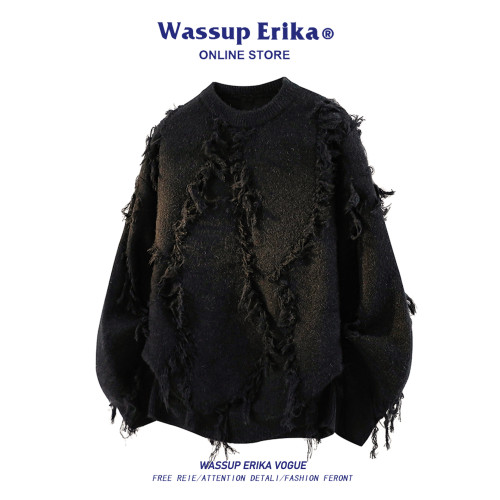WASSUP ERIKA美式慵懶流蘇圓領針織衫男女款潮牌高級感長袖毛線衣 WASSUP ERIKA美式慵懶流蘇圓領針織衫男女款潮牌高級感長袖毛線衣