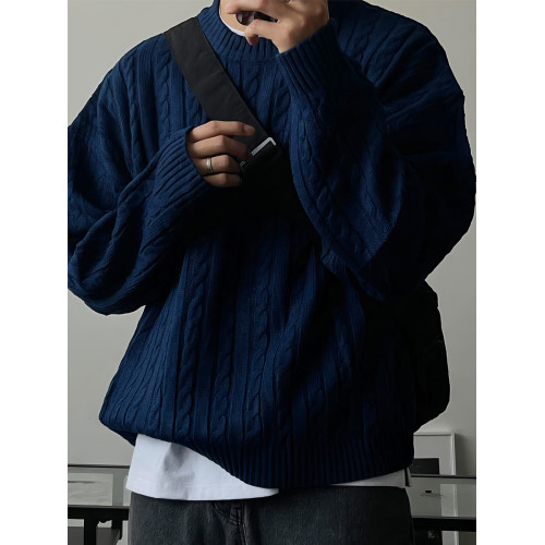 深藍色麻花紋落肩外穿針織衫男韓系慵懶毛織衫加厚圓領打底衫毛衣 深藍色麻花紋落肩外穿針織衫男韓系慵懶毛織衫加厚圓領打底衫毛衣