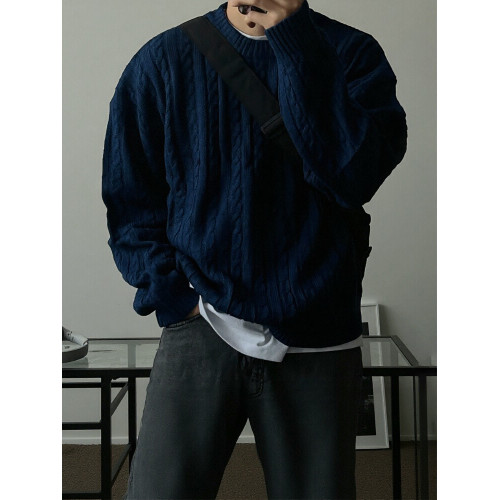 深藍色麻花紋落肩外穿針織衫男韓系慵懶毛織衫加厚圓領打底衫毛衣 深藍色麻花紋落肩外穿針織衫男韓系慵懶毛織衫加厚圓領打底衫毛衣