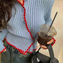 韓國東大門2025冬季新款洋氣拼色花邊不規則側釦設計感毛衣開衫女