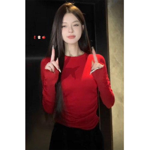 聖誕節過年新年戰袍紅色褶皺毛衣女秋冬季修身內搭針織打底衫上衣