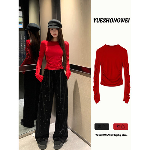 聖誕節過年新年戰袍紅色褶皺毛衣女秋冬季修身內搭針織打底衫上衣