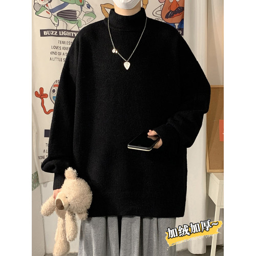 黑色半高領毛衣男生冬季加絨加厚極簡風軟糯慵嬾內搭打底針織毛衫