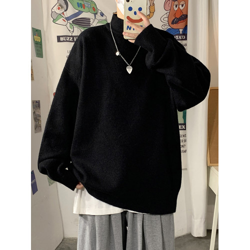 黑色半高領毛衣男生冬季加絨加厚極簡風軟糯慵嬾內搭打底針織毛衫