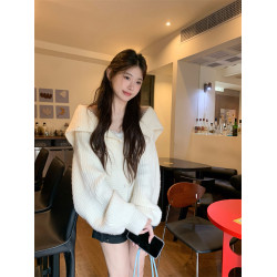 PPHOME慵懶風溫柔海軍領露肩毛衣女秋冬軟糯寬松長袖針織衫上衣