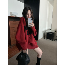 字母刺綉復古紅色連帽毛衣女春秋冬加厚慵懶風寬松安可拉針織衣服