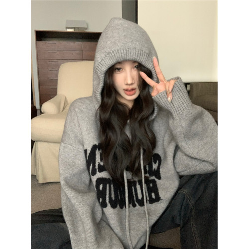 字母刺綉復古紅色連帽毛衣女春秋冬加厚慵懶風寬松安可拉針織衣服 字母刺綉復古紅色連帽毛衣女春秋冬加厚慵懶風寬松安可拉針織衣服