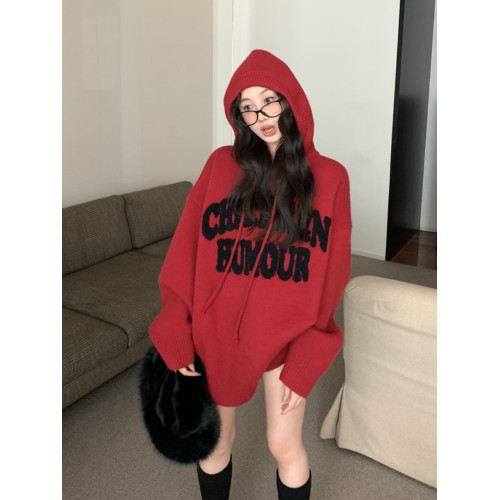 字母刺綉復古紅色連帽毛衣女春秋冬加厚慵懶風寬松安可拉針織衣服 字母刺綉復古紅色連帽毛衣女春秋冬加厚慵懶風寬松安可拉針織衣服