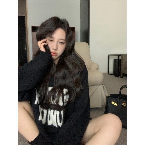 字母刺綉復古紅色連帽毛衣女春秋冬加厚慵懶風寬松安可拉針織衣服 字母刺綉復古紅色連帽毛衣女春秋冬加厚慵懶風寬松安可拉針織衣服