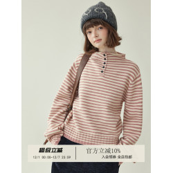 「北島AMUU」半開釦立領粉色條紋毛衣女25冬季慵懶高級感長袖上衣