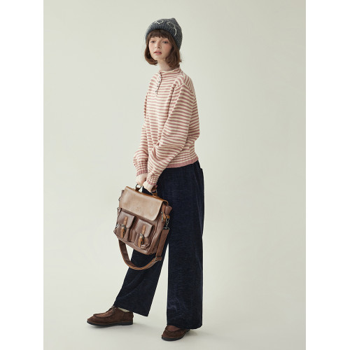 「北島AMUU」半開釦立領粉色條紋毛衣女25冬季慵懶高級感長袖上衣 「北島AMUU」半開釦立領粉色條紋毛衣女25冬季慵懶高級感長袖上衣