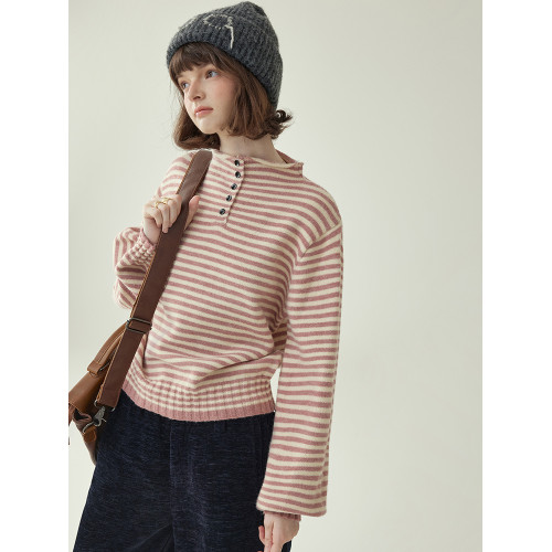 「北島AMUU」半開釦立領粉色條紋毛衣女25冬季慵懶高級感長袖上衣 「北島AMUU」半開釦立領粉色條紋毛衣女25冬季慵懶高級感長袖上衣